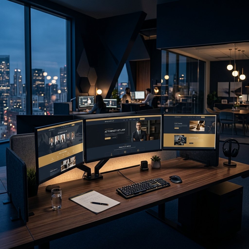 Premium law firm website design agency — dark navy office with modern web design on monitor screens