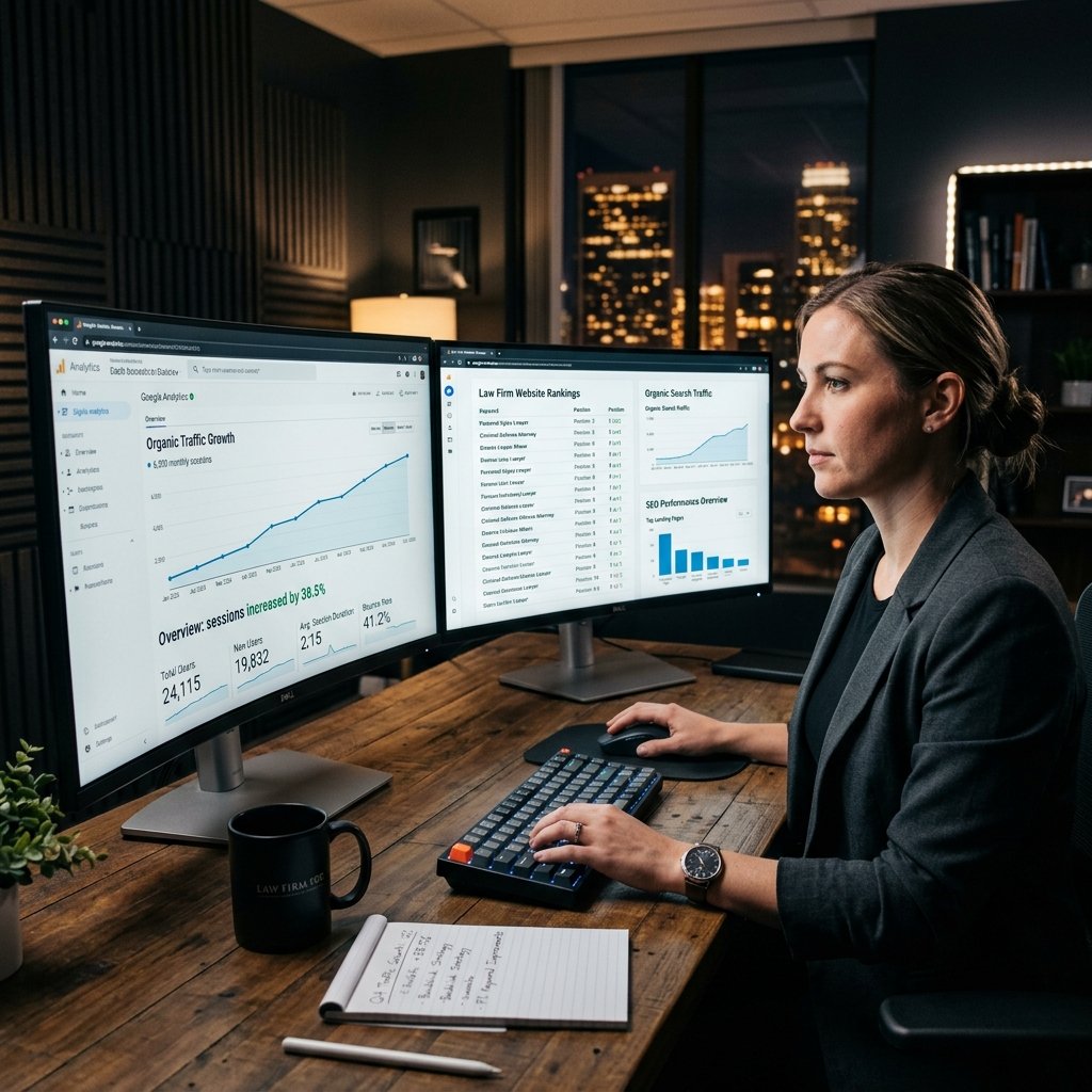 Law firm website homepage layout showing hero section with CTA button and attorney photo