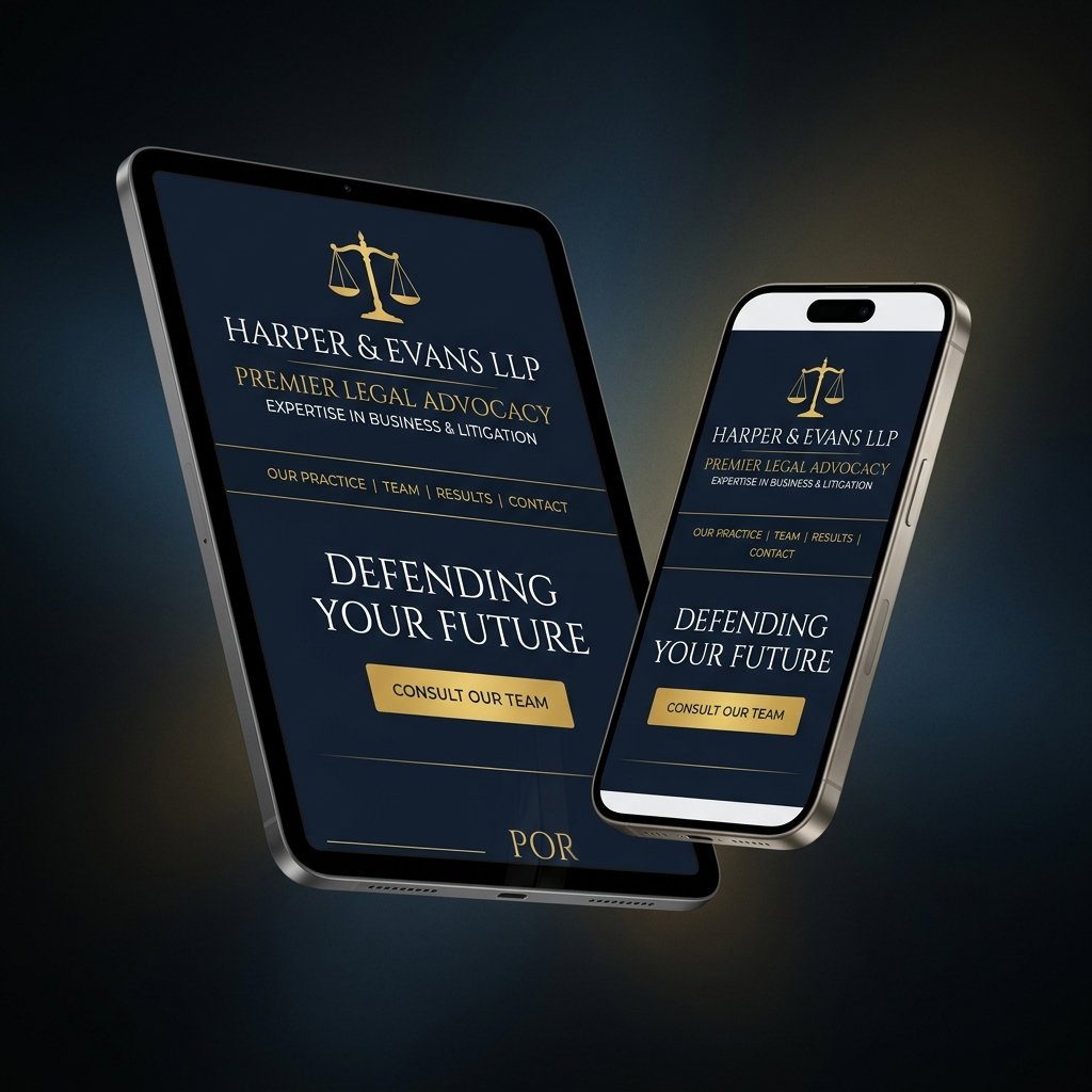 Responsive attorney website design shown on mobile and desktop devices