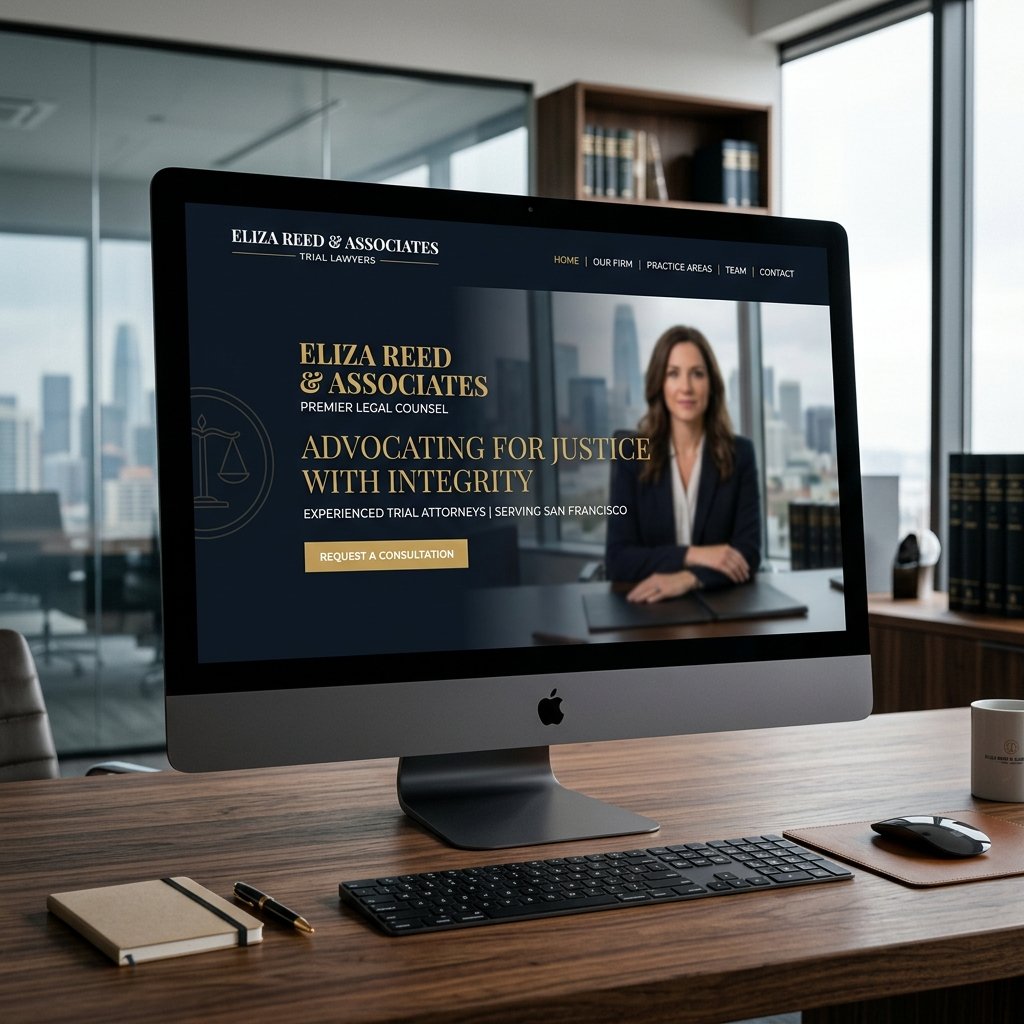 Attorney website design showing a premium law firm homepage on a MacBook Pro in a dark office