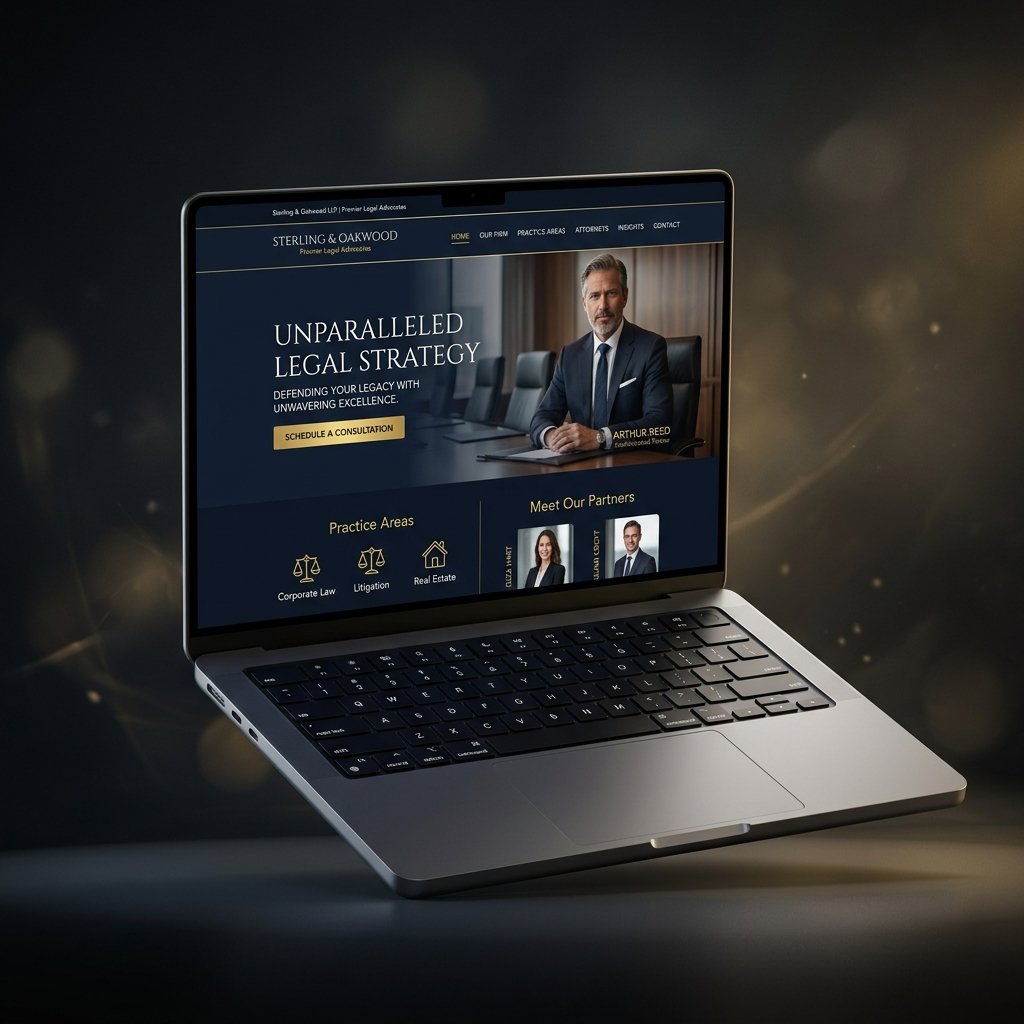 Custom law firm website design mockup showing premium attorney website on a MacBook with dark navy and gold design